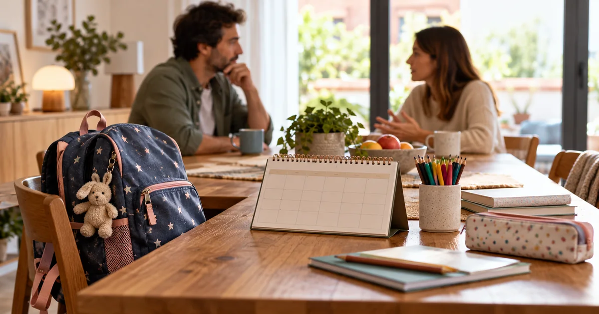 Organización de las rutinas familiares Una mochila escolar y un calendario sobre una mesa mientras dos adultos conversan al fondo