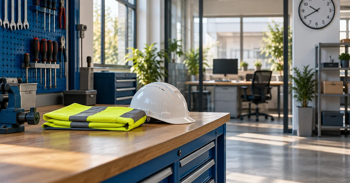 Espacio de trabajo vacío con herramientas, chaleco reflectante, casco y reloj.